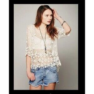 Flower Crochet Top Womens OSFM Ivory 3/4 Sleeve Boho Festival Fairy Beachy Party